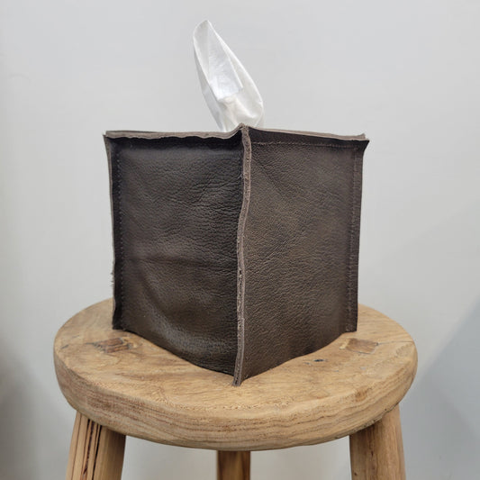 Brown with Burnished Black Leather Single Tissue Box Cover