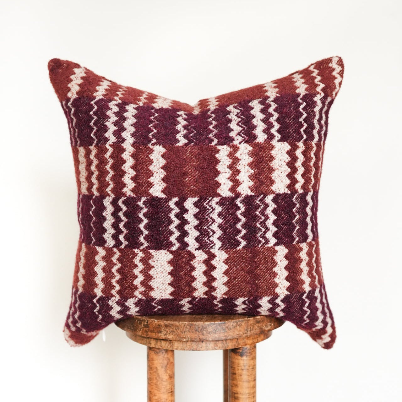 Burgundy & Rust Wool with Cream Zig Zags Pillow 20x20