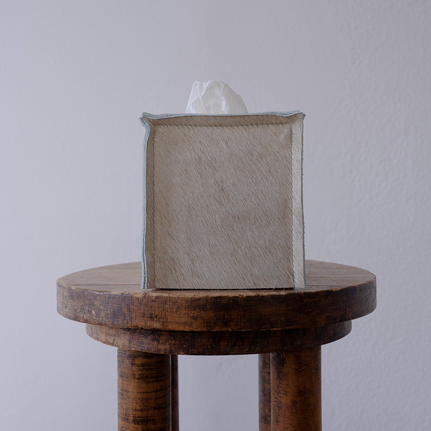 Ivory Hair on Hide Leather Single Tissue Box Cover