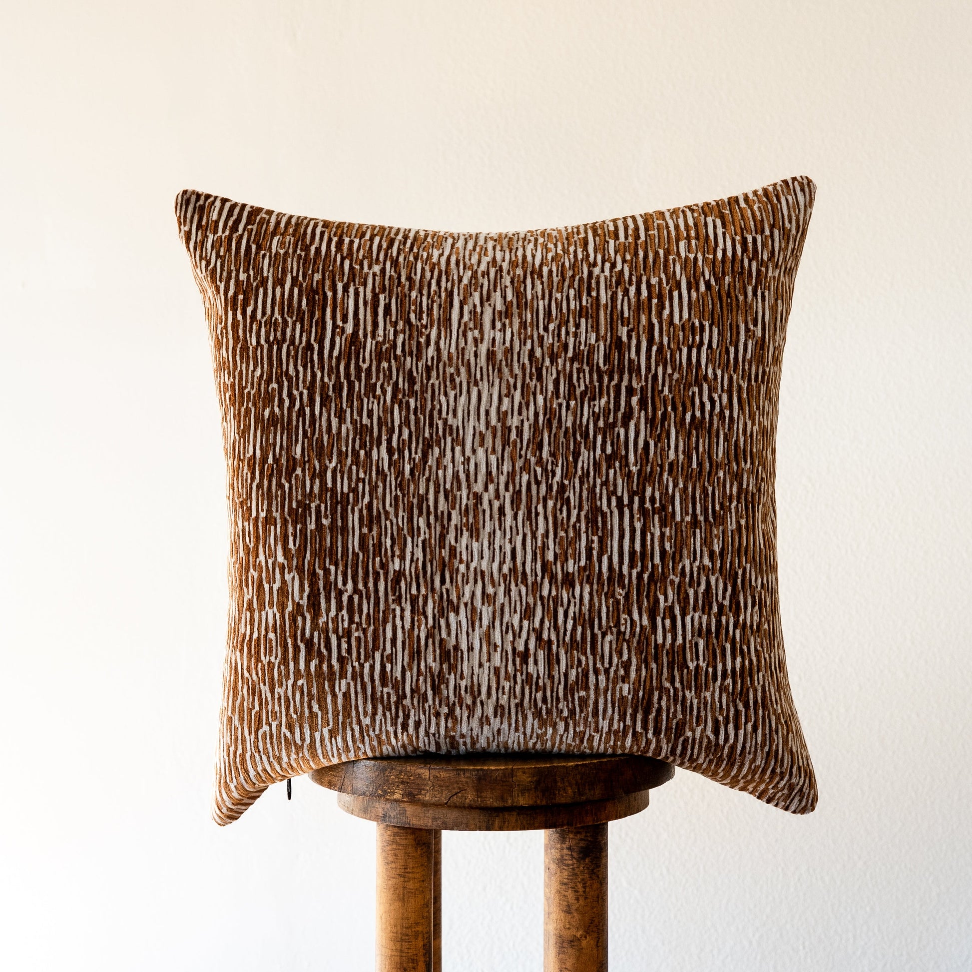 Rust Brown & Cream Bark-Like Stripes on Velvet Pillow 20x20