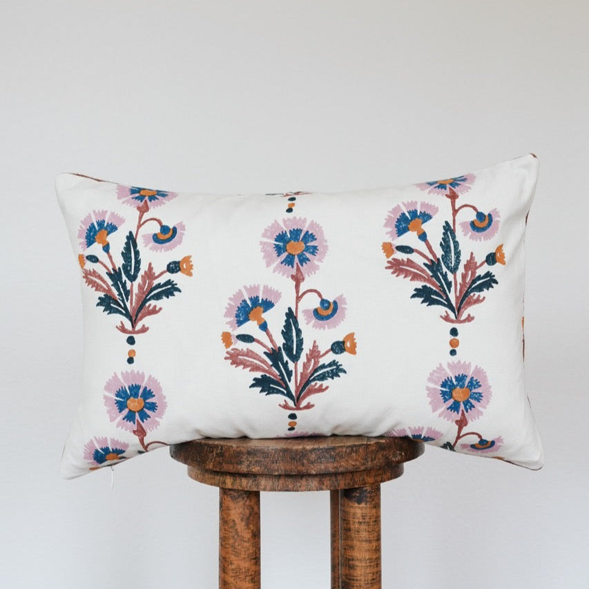 Printed Flowers on Off White Cotton Lumbar Pillow 14x22
