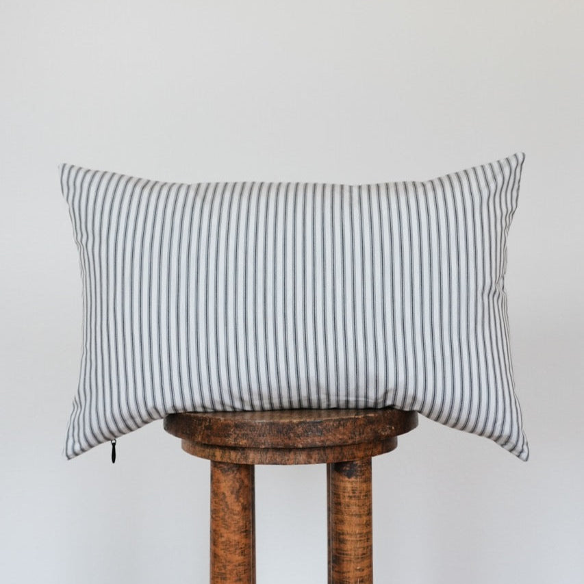 Dark Grey Ticking Stripe on White Linen Lumbar Pillow 14x22