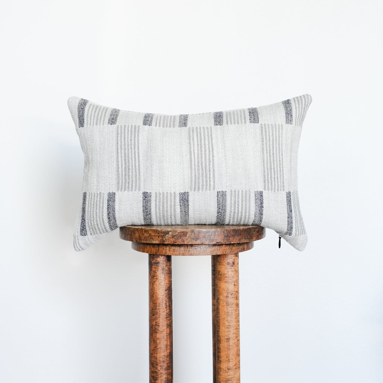 Cream, Navy, & Grey Block Stripe Linen Lumbar Pillow 13x20