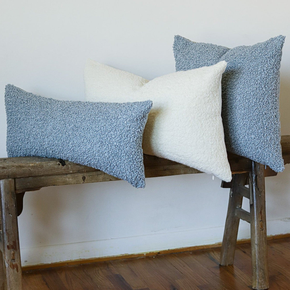 Steel Blue Boucle with Velvet Lumbar Pillow 12x24