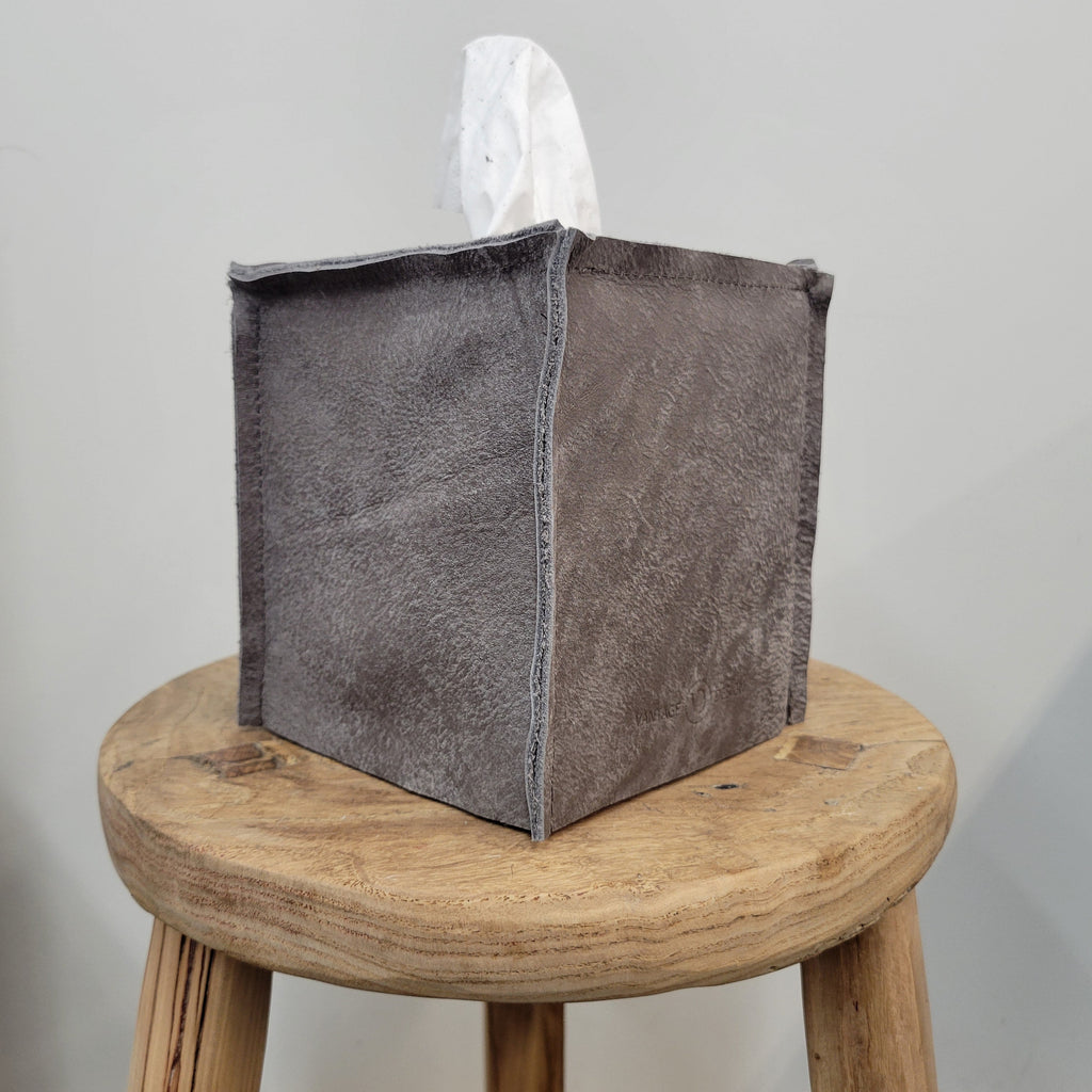 Worn Grey Matte Leather Single Tissue Box Cover