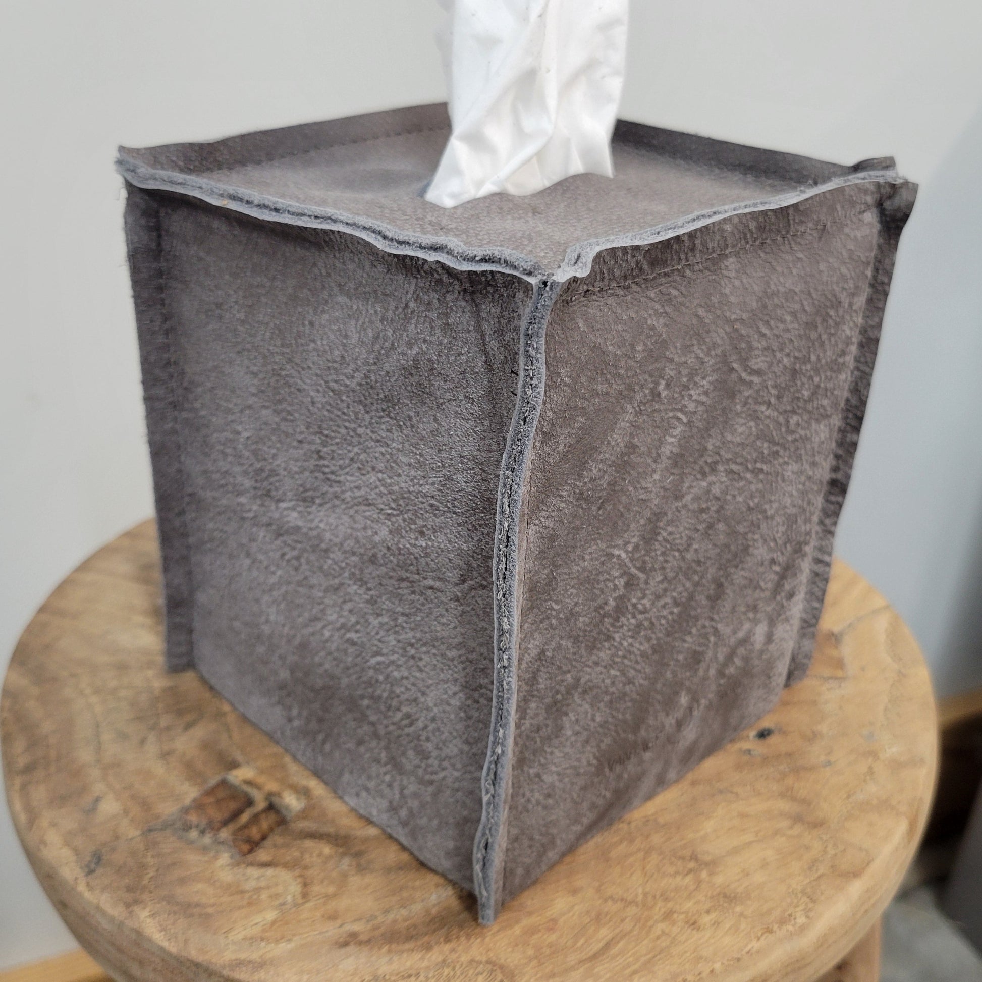 Worn Grey Matte Leather Single Tissue Box Cover