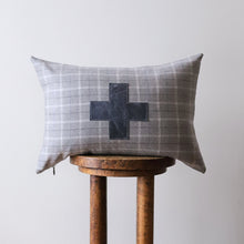 Load image into Gallery viewer, Grey, White and Blue Plaid Wool with Cross Lumbar Pillow 14x20
