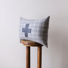 Load image into Gallery viewer, Grey, White and Blue Plaid Wool with Cross Lumbar Pillow 14x20
