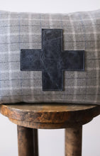 Load image into Gallery viewer, Grey, White and Blue Plaid Wool with Cross Lumbar Pillow 14x20
