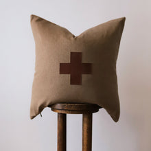 Load image into Gallery viewer, Camel &amp; Beige Wool with Ticking Stripe and Cross Pillow 22x22
