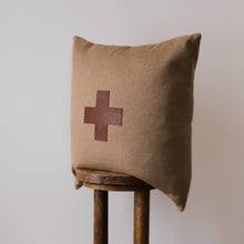 Load image into Gallery viewer, Camel &amp; Beige Wool with Ticking Stripe and Cross Pillow 22x22
