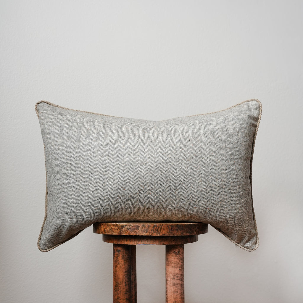 Greige & Brown Herringbone Wool with Leather Welt Pillow 16x24