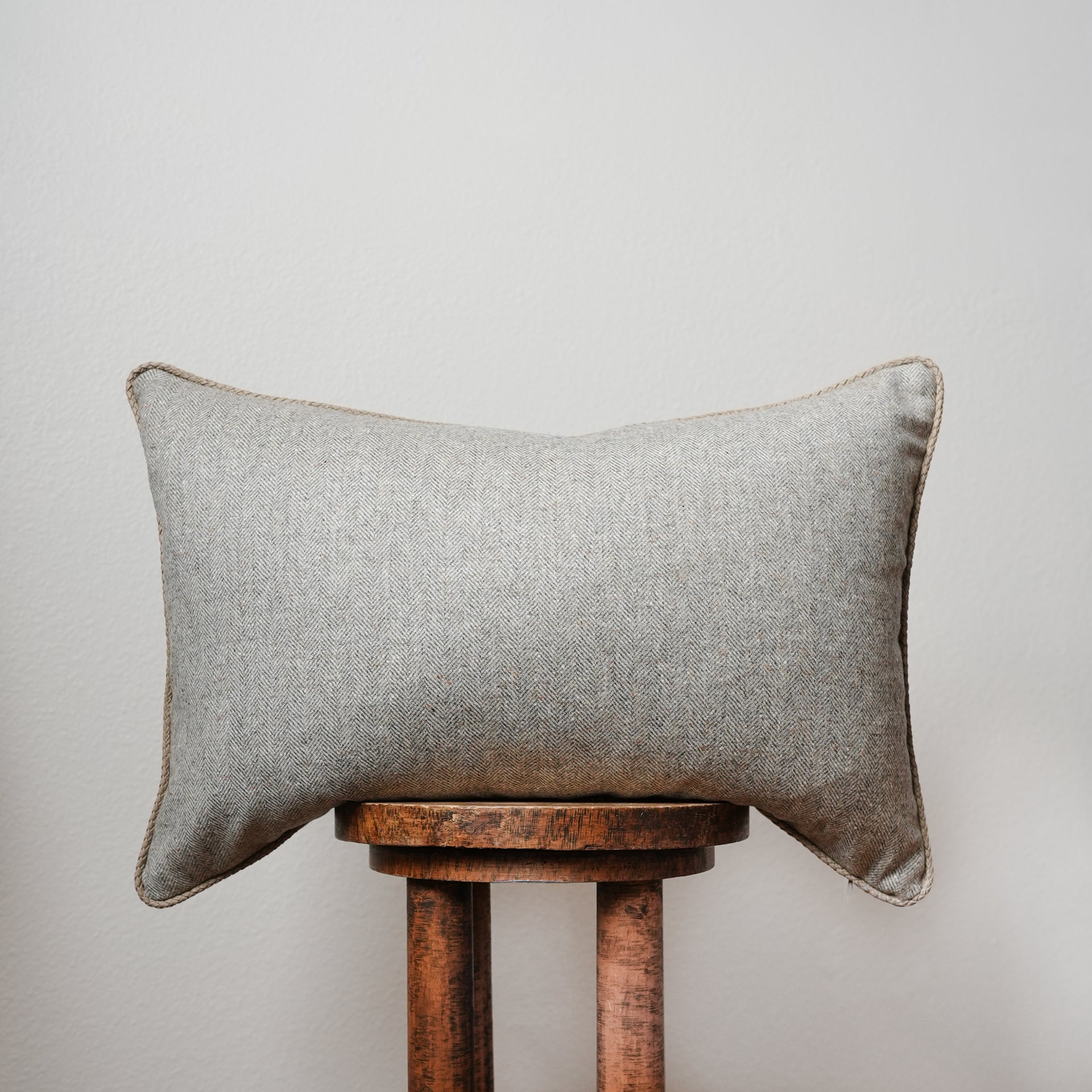 Greige & Brown Herringbone Wool with Leather Welt Pillow 16x24