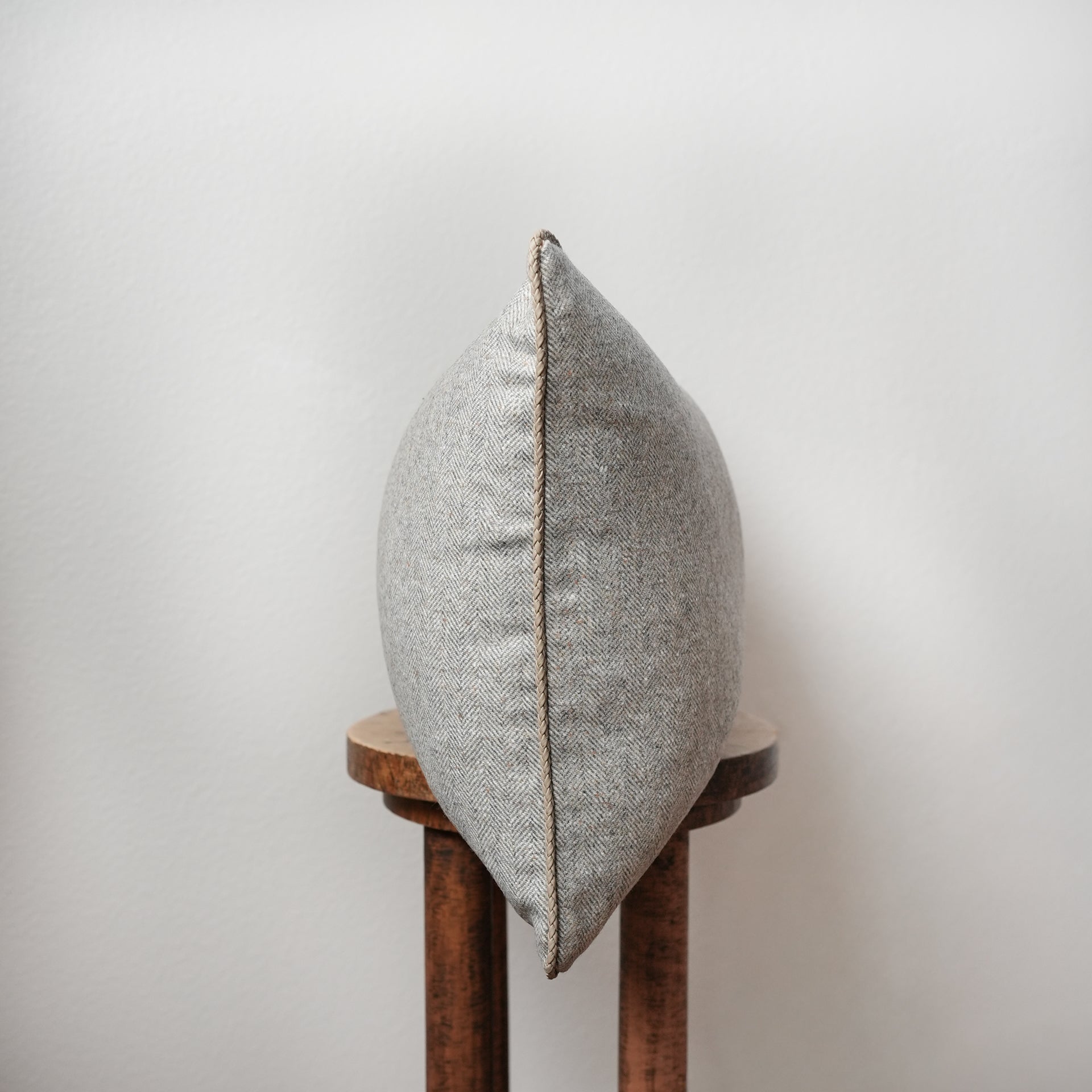 Greige & Brown Herringbone Wool with Leather Welt Pillow 16x24