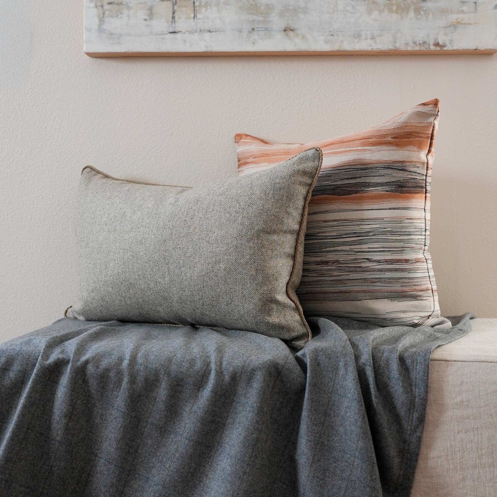 Greige & Brown Herringbone Wool with Leather Welt Pillow 16x24