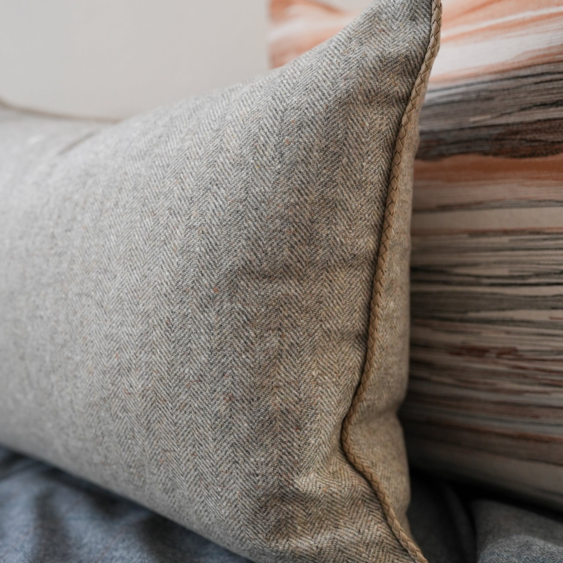 Greige & Brown Herringbone Wool with Leather Welt Pillow 16x24