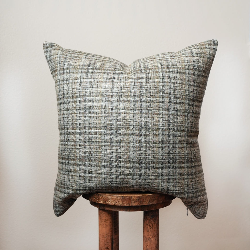Multi-Colored Wool Plaid with Brown, Grey Linen Pillow 22x22