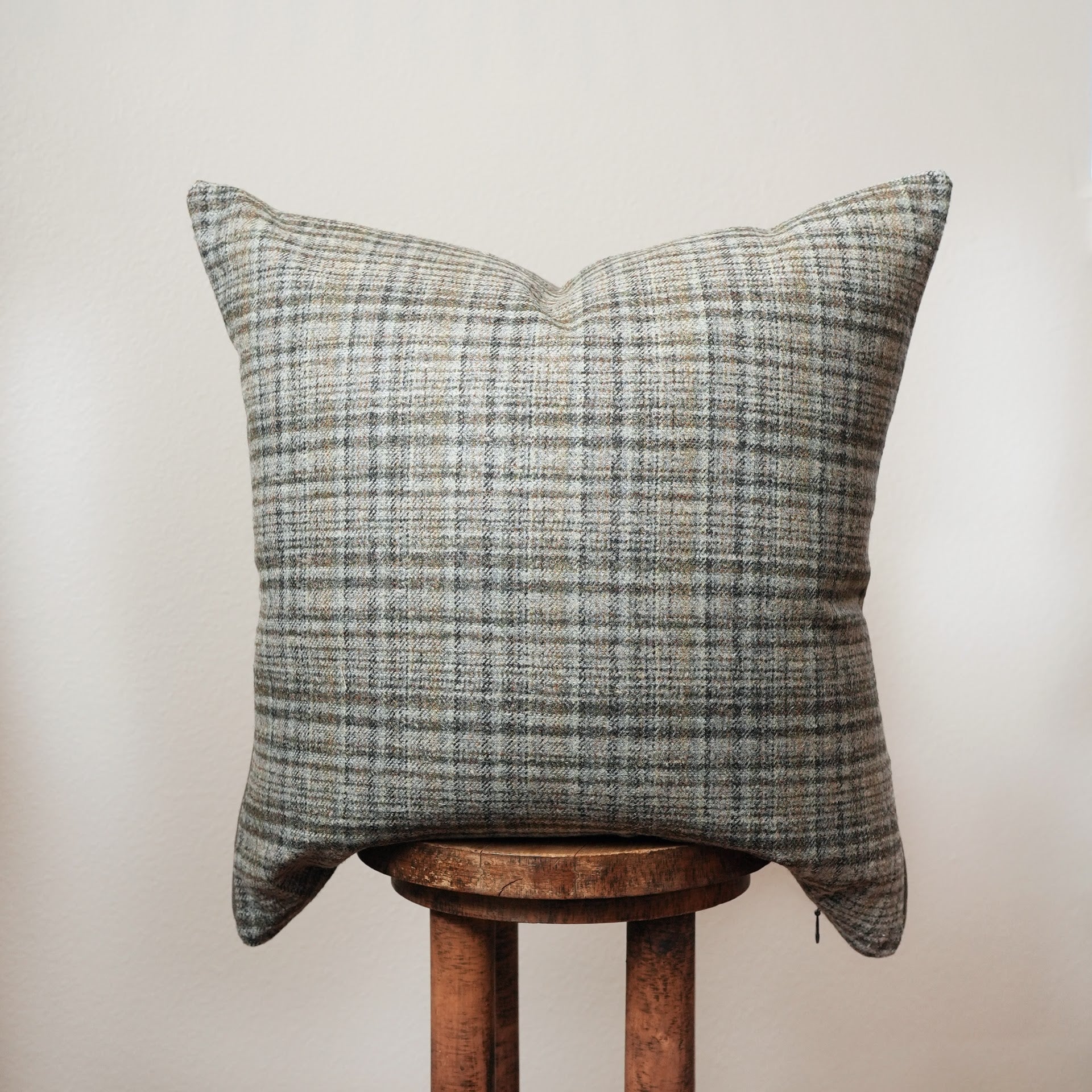 Multi-Colored Wool Plaid with Brown, Grey Linen Pillow 22x22