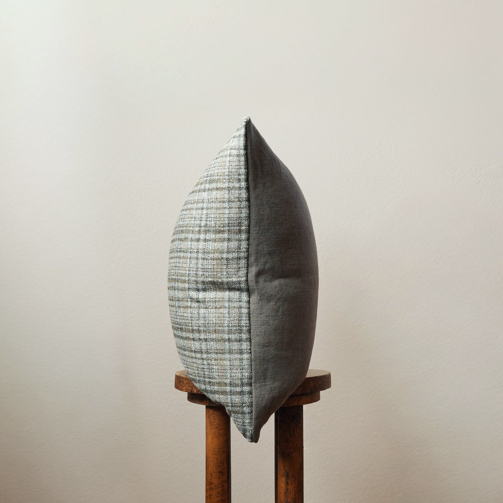 Multi-Colored Wool Plaid with Brown, Grey Linen Pillow 22x22