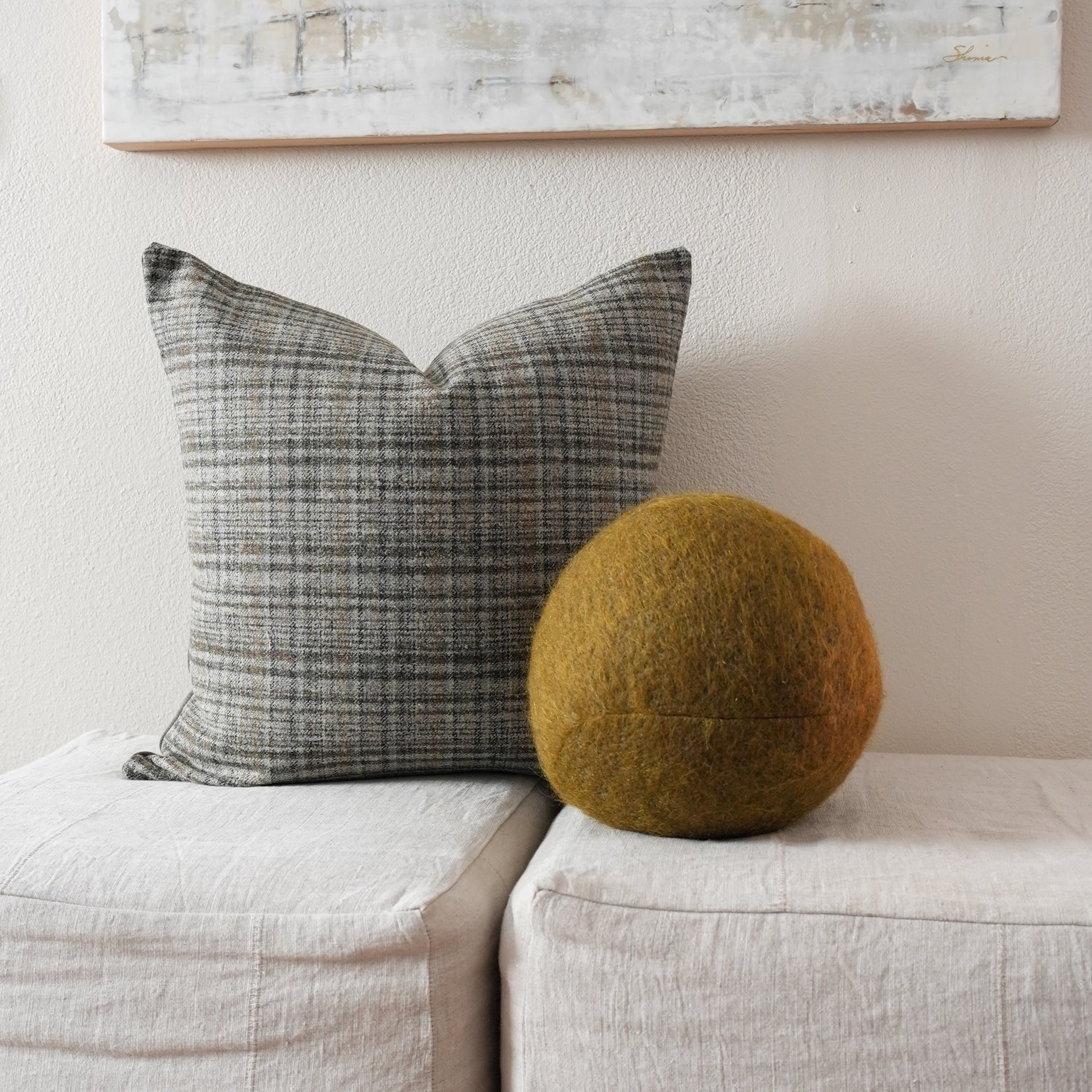 Multi-Colored Wool Plaid with Brown, Grey Linen Pillow 22x22