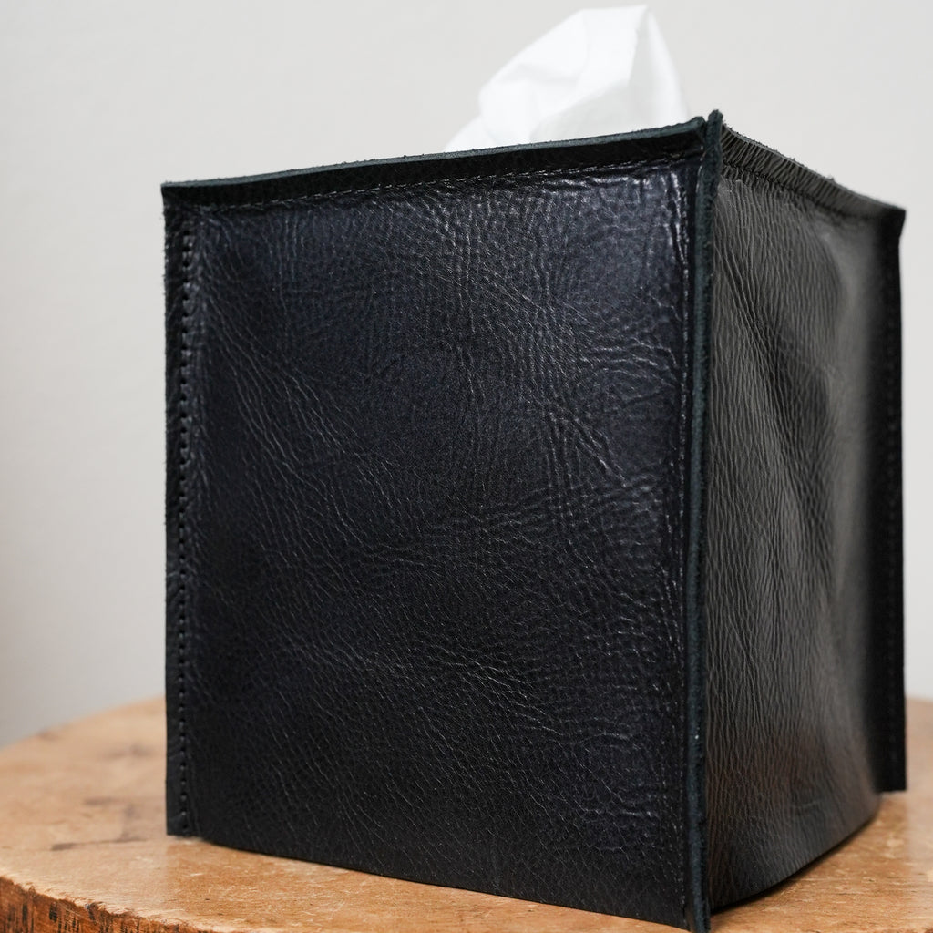 Satin Black Leather Single Tissue Box Cover
