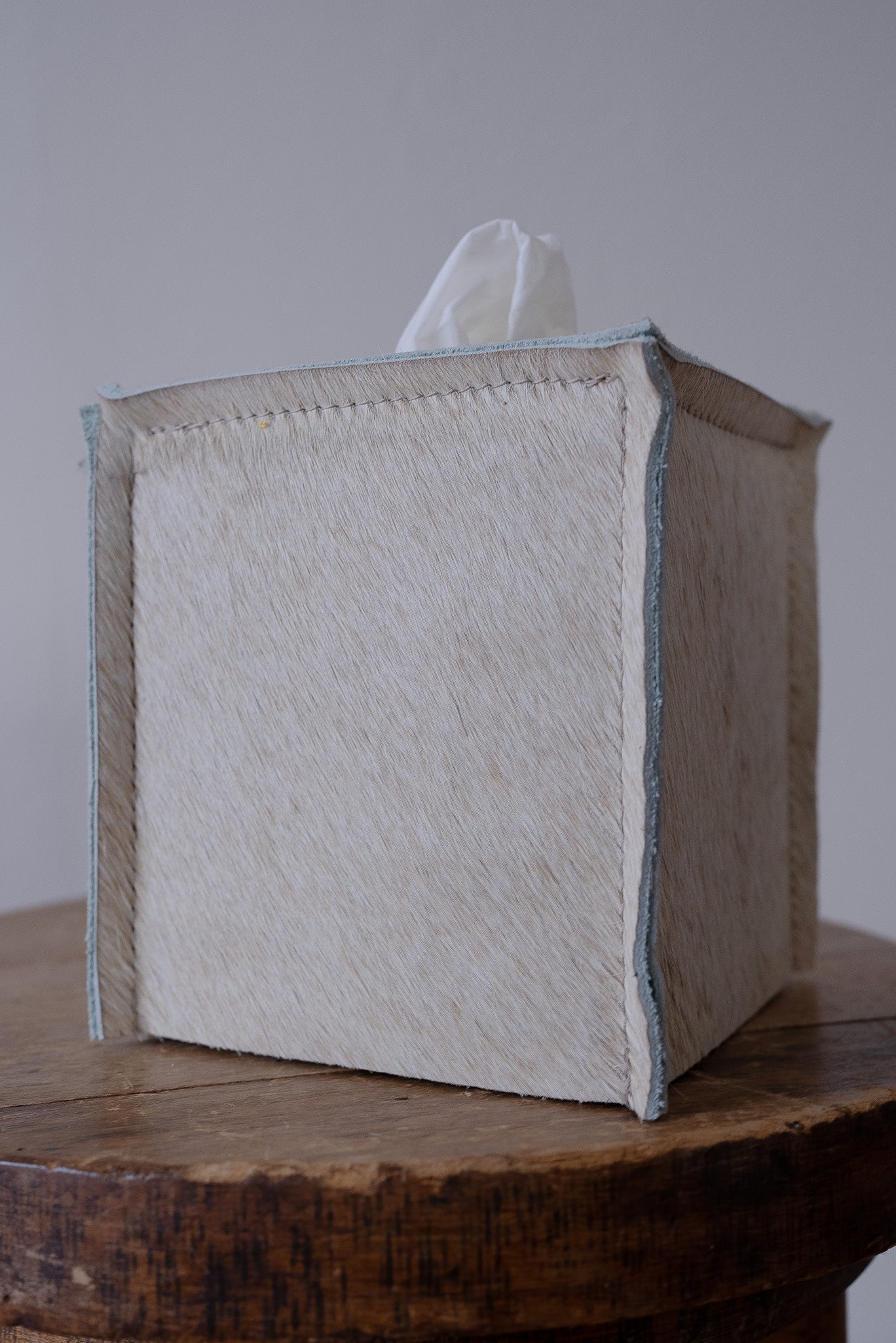 Ivory Hair on Hide Leather Single Tissue Box Cover