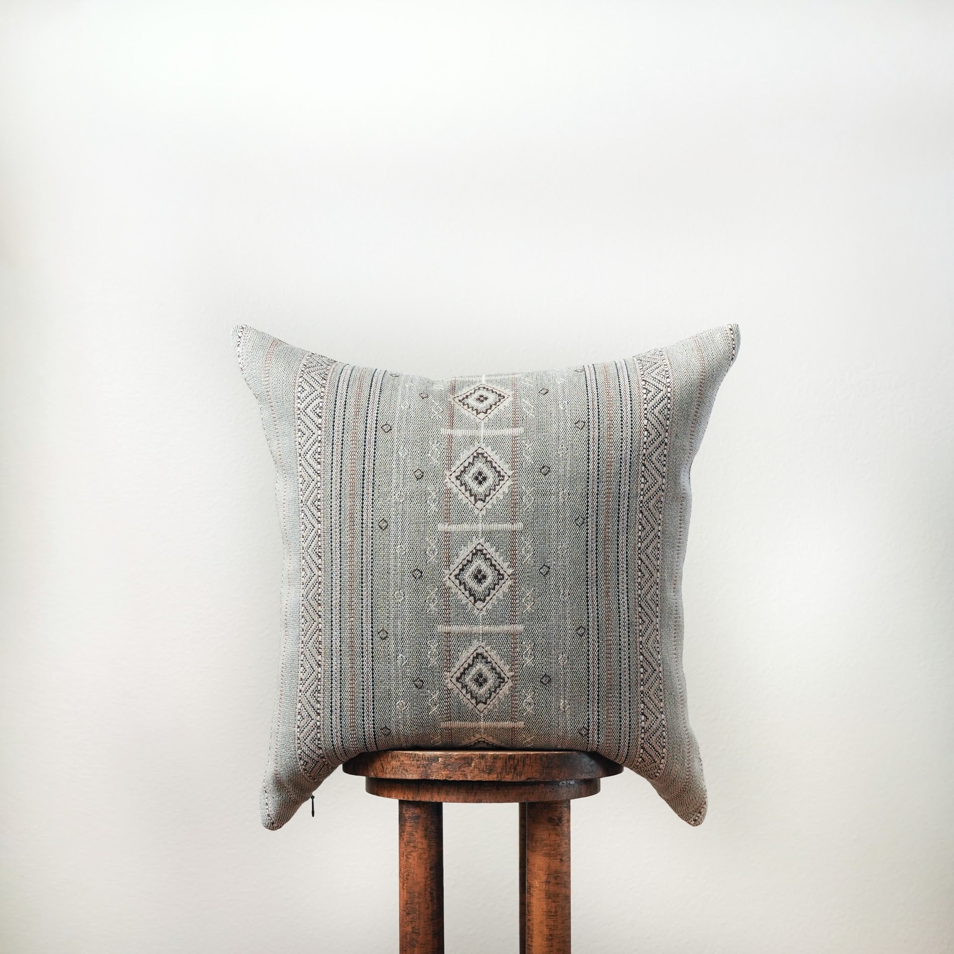 Greige, Camel, Black & White Embroidered Tribal Linen Pillow 22x22