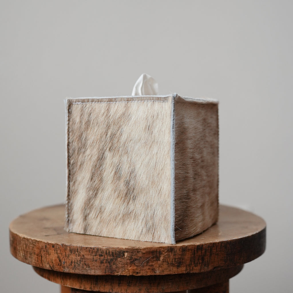 Cream & Tawny Brown Hair-On-Hide Leather Single Tissue Box Cover