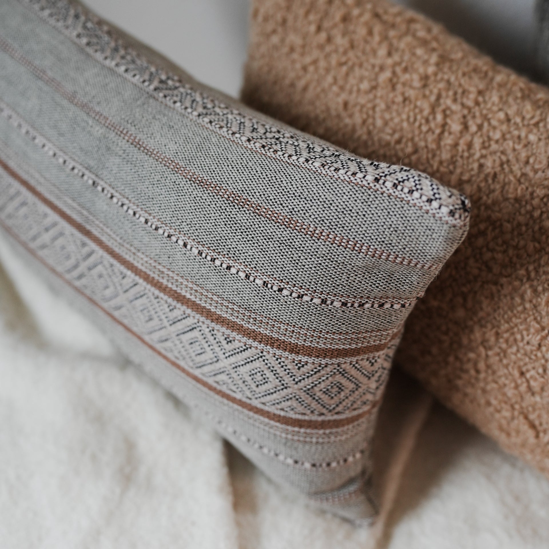 Greige, Camel, Black & White Embroidered Tribal Linen 12x19