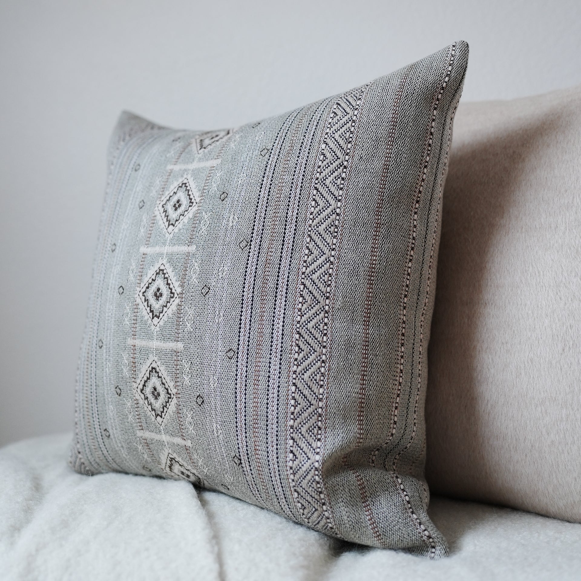 Greige, Camel, Black & White Embroidered Tribal Linen Pillow 22x22