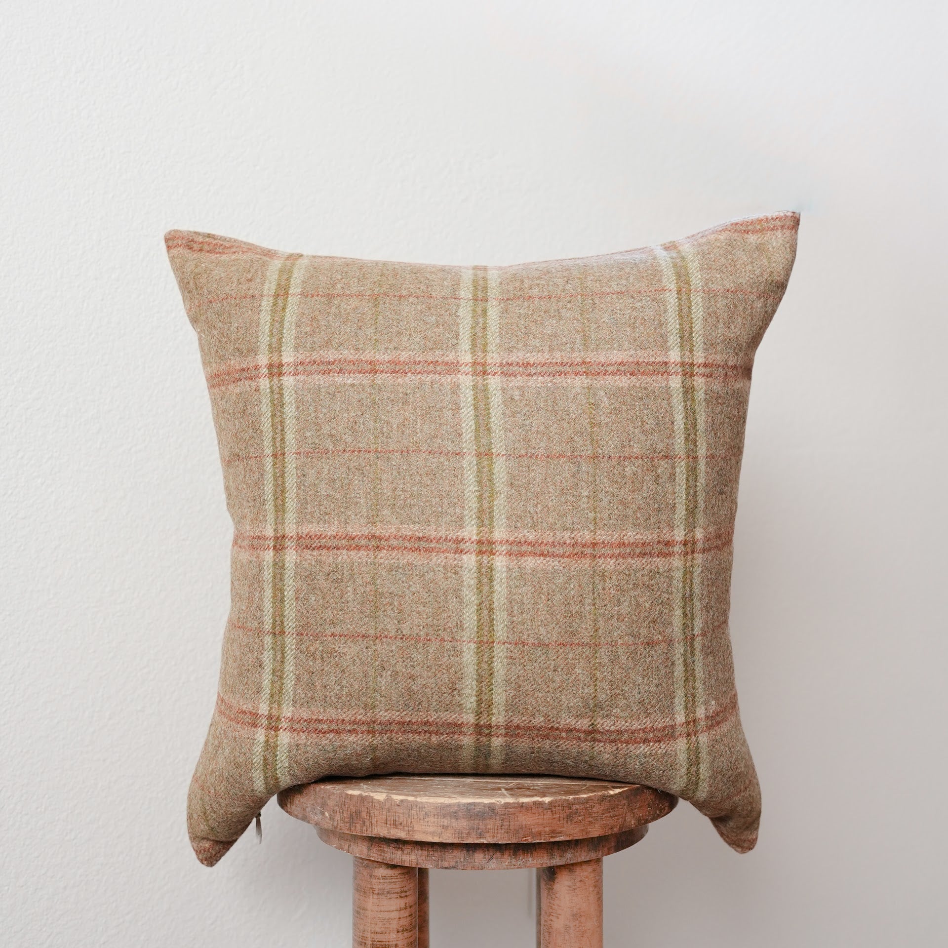 Light Brown, Green, Red, and Coral Plaid Wool Pillow 20x20