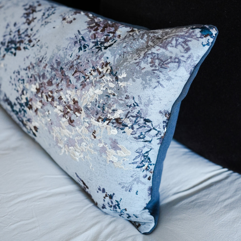 Blue with Cream and Lavender Embroidered Florals Lumbar 16x46