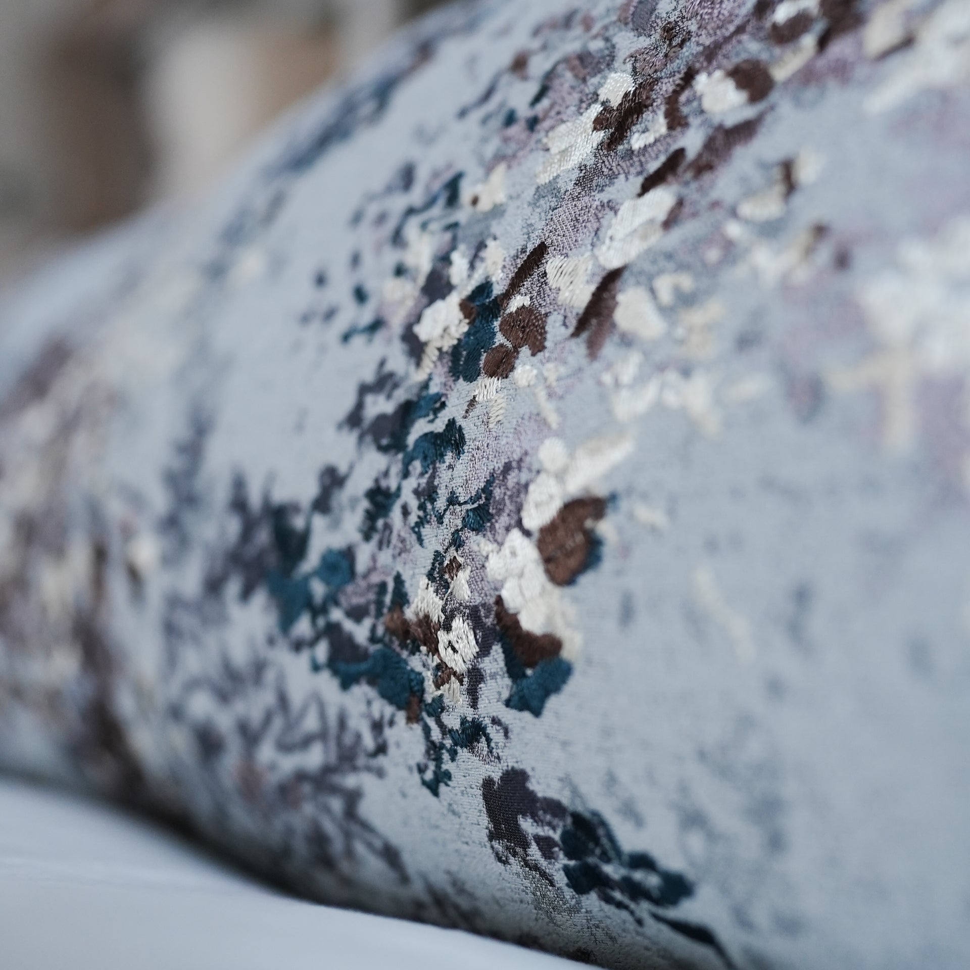 Blue with Cream and Lavender Embroidered Florals Lumbar 16x46