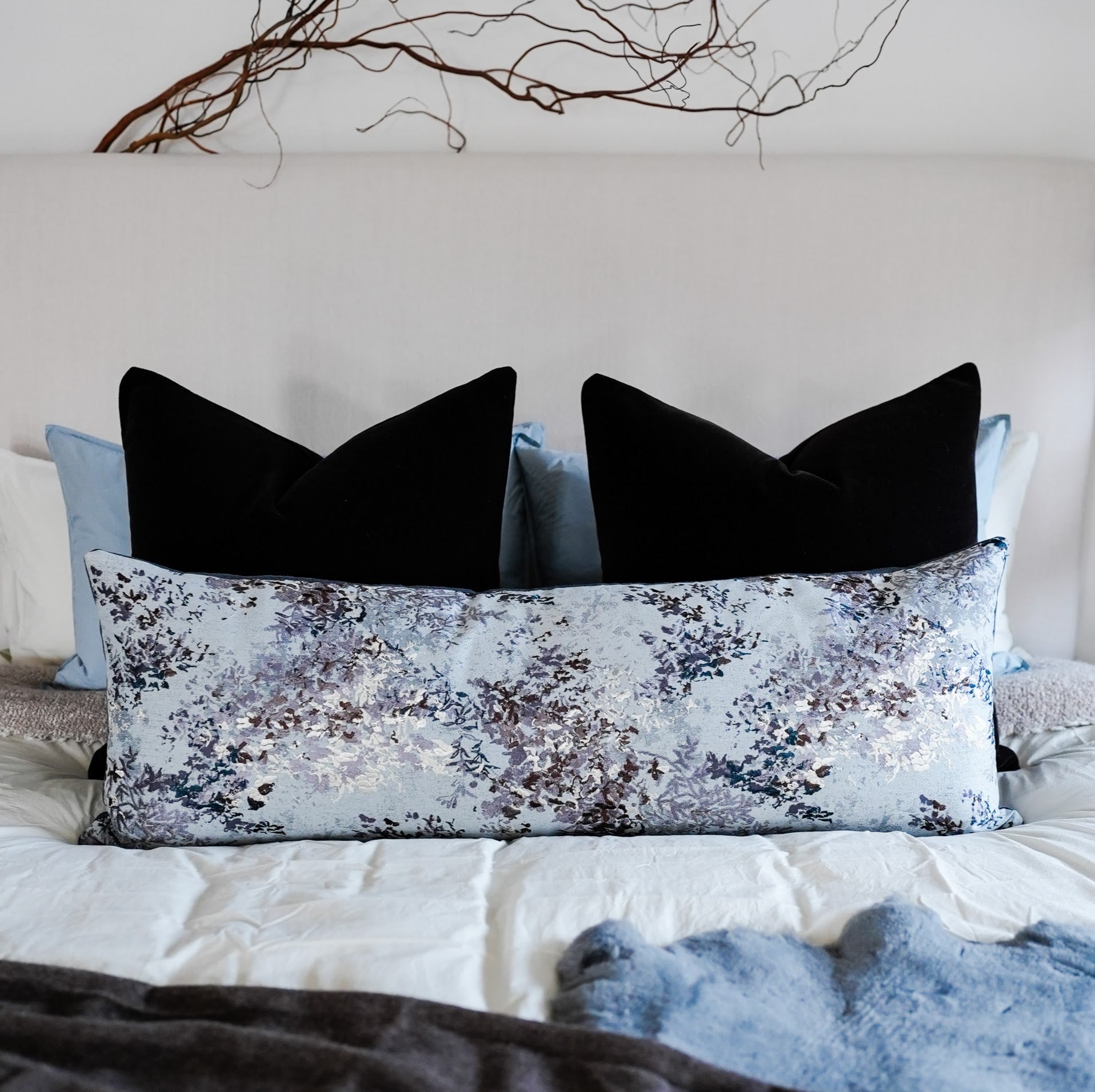 Blue with Cream and Lavender Embroidered Florals Lumbar 16x46