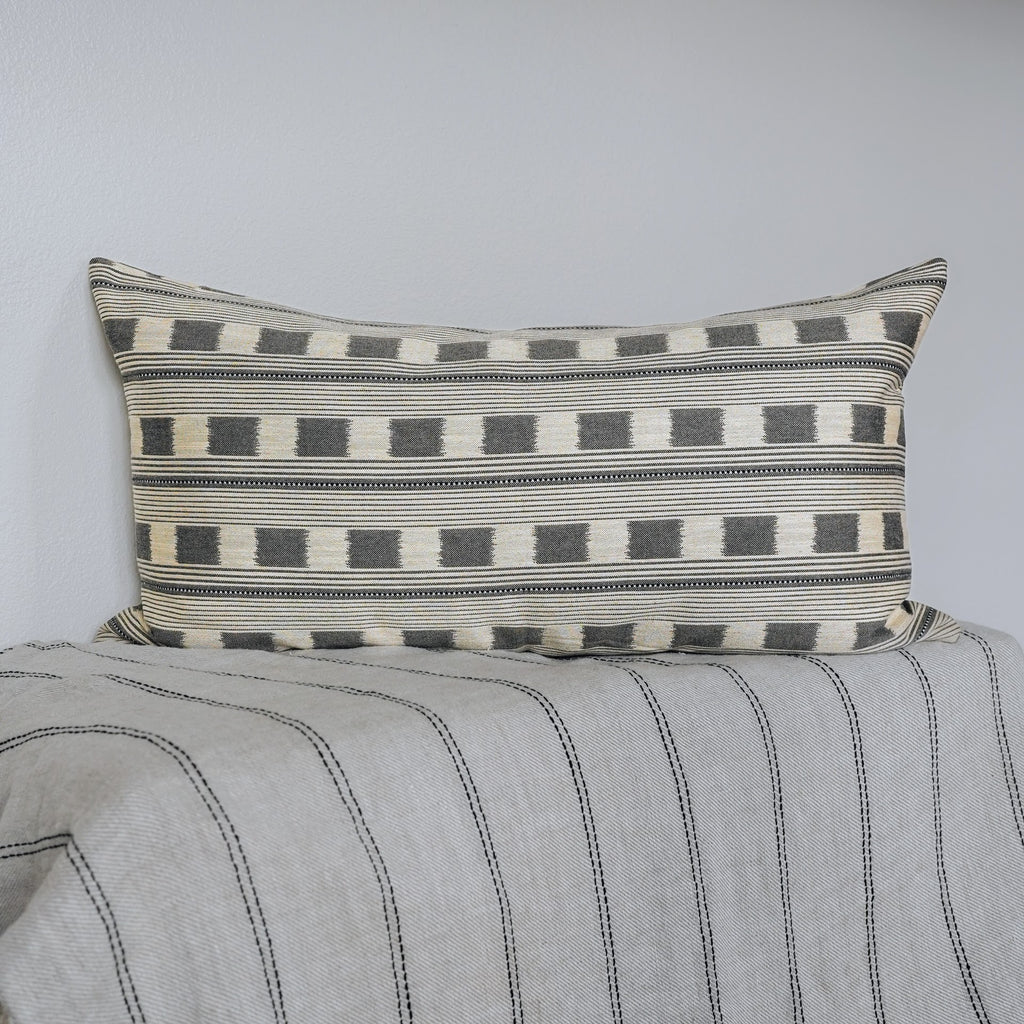 Striped Grey Squares On Natural Linen Pillow Set of 2  - 20x36