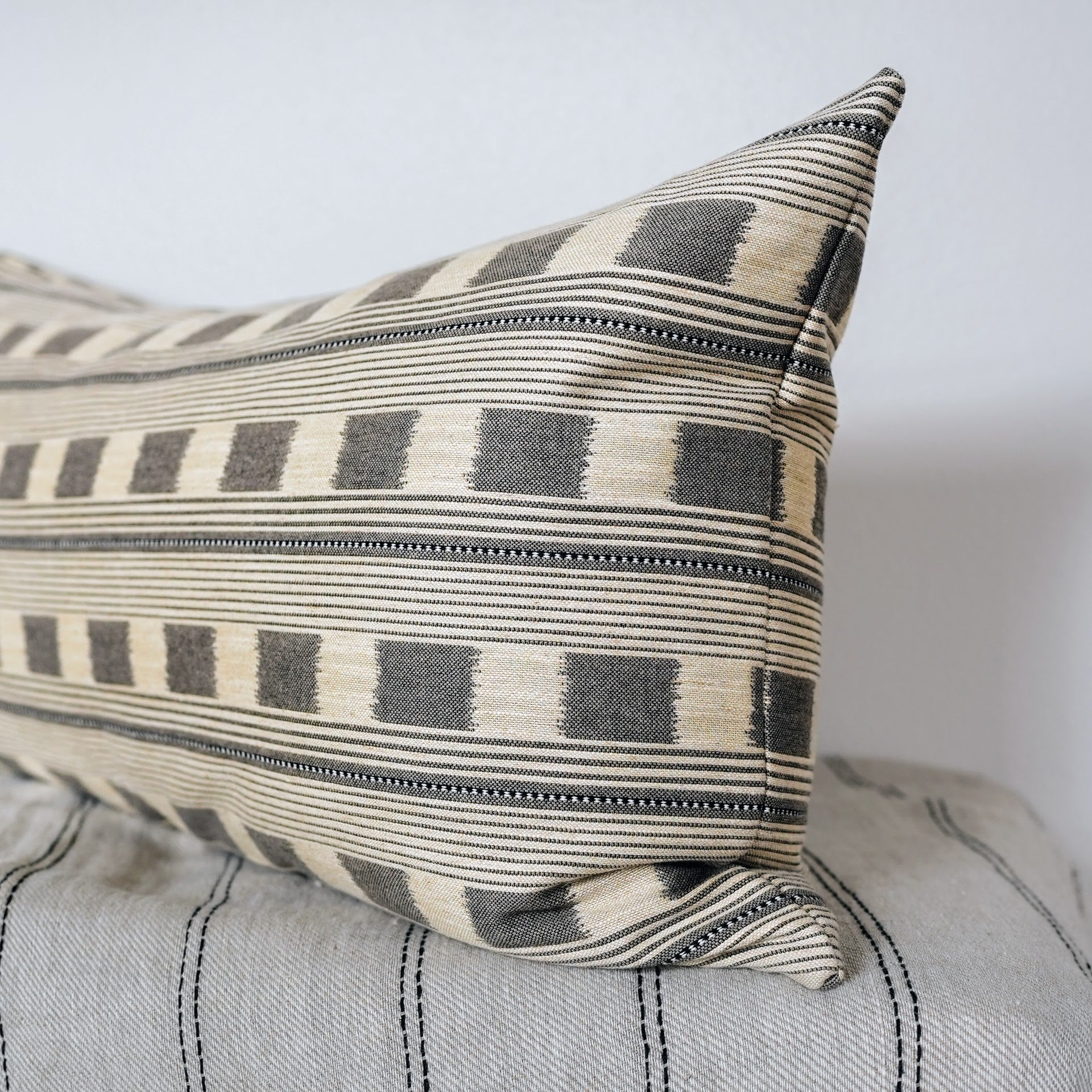 Striped Grey Squares On Natural Linen Pillow Set of 2  - 20x36