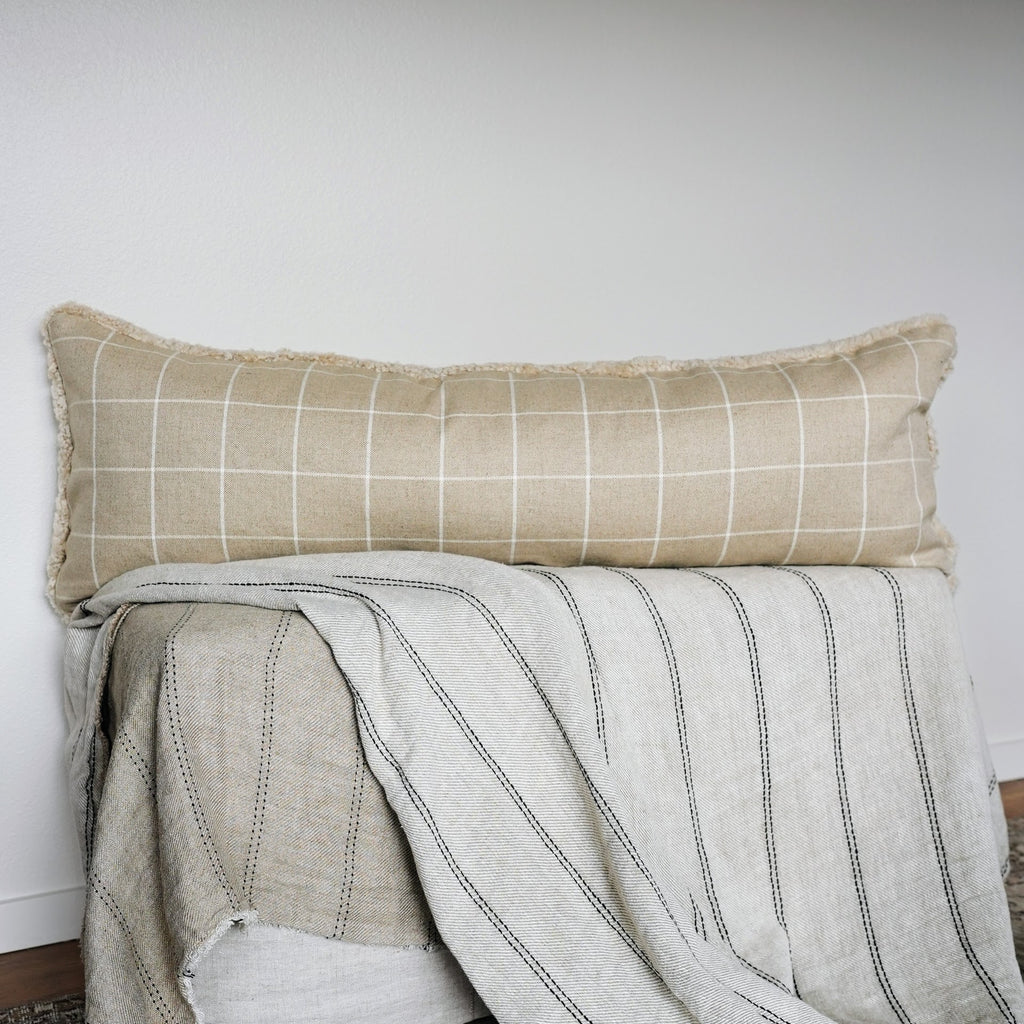 Curly Oatmeal Sheepskin with Plaid Linen Back Lumbar 16x48