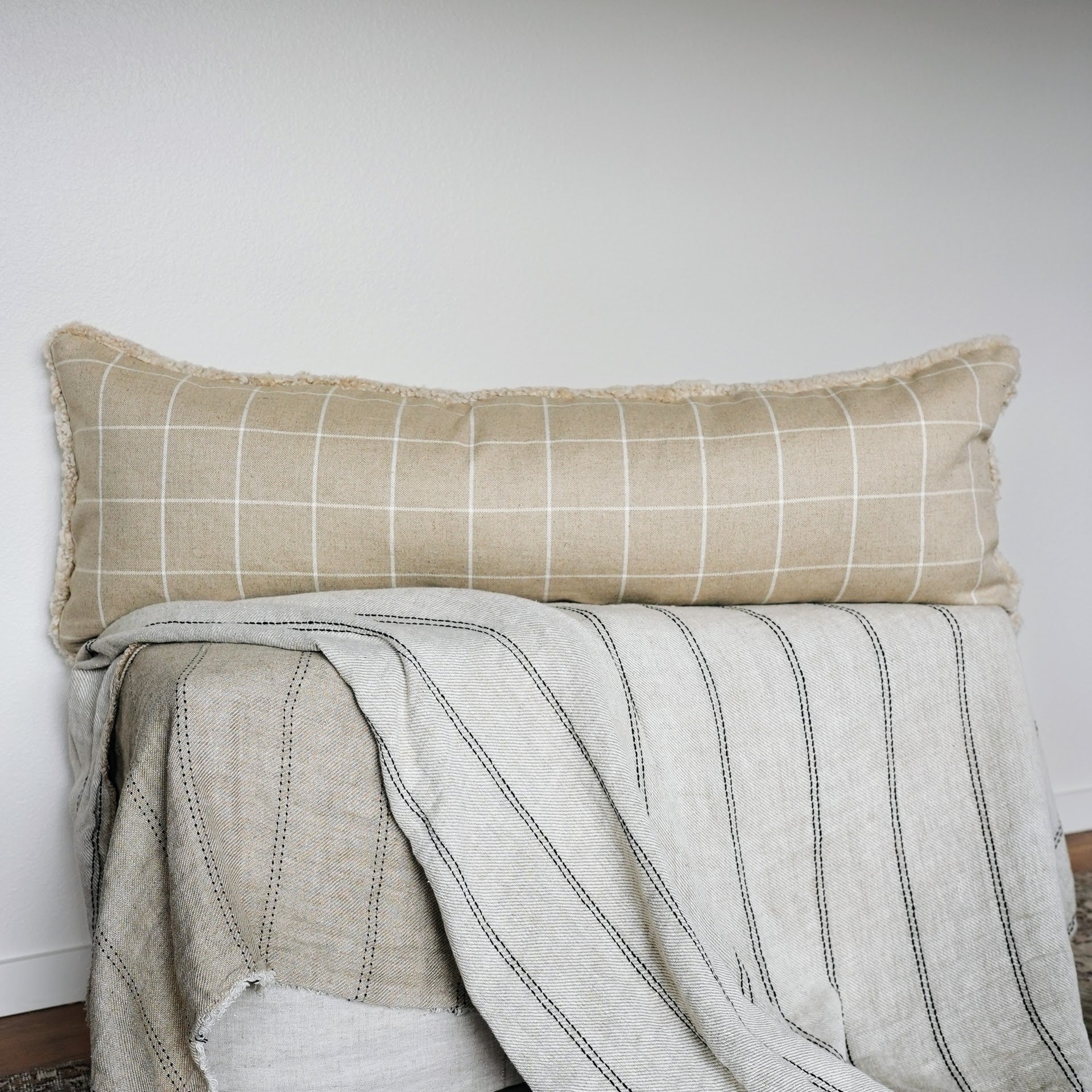 Curly Oatmeal Sheepskin with Plaid Linen Back Lumbar 16x48