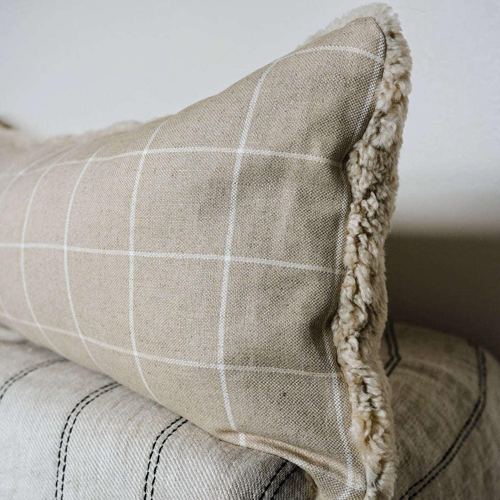 Curly Oatmeal Sheepskin with Plaid Linen Back Lumbar 16x48