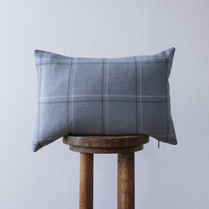 Blue Grey Wool Plaid Lumbar Pillow 14x20