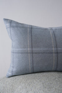 Blue Grey Wool Plaid Lumbar Pillow 14x20