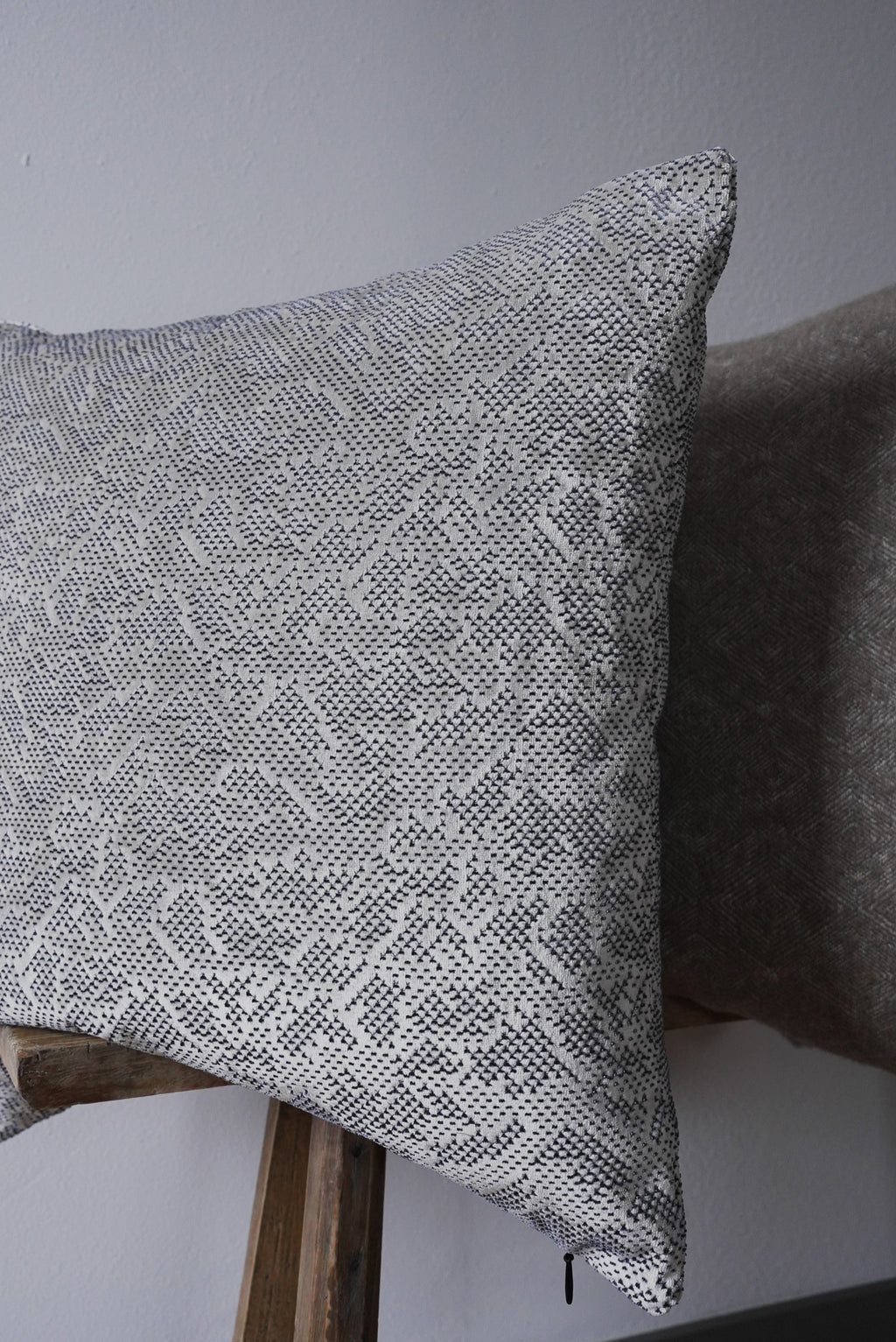 Silver-Cream Velvet with Grey Motif Pillow 22x22