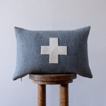 Load image into Gallery viewer, Blue &amp; Grey Herringbone Wool with White Hair on Hide Leather Cross Lumbar 14x20
