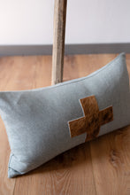 Load image into Gallery viewer, Teal &amp; White Chevron with Brown Hair on Hide Leather Cross Lumbar 12x20
