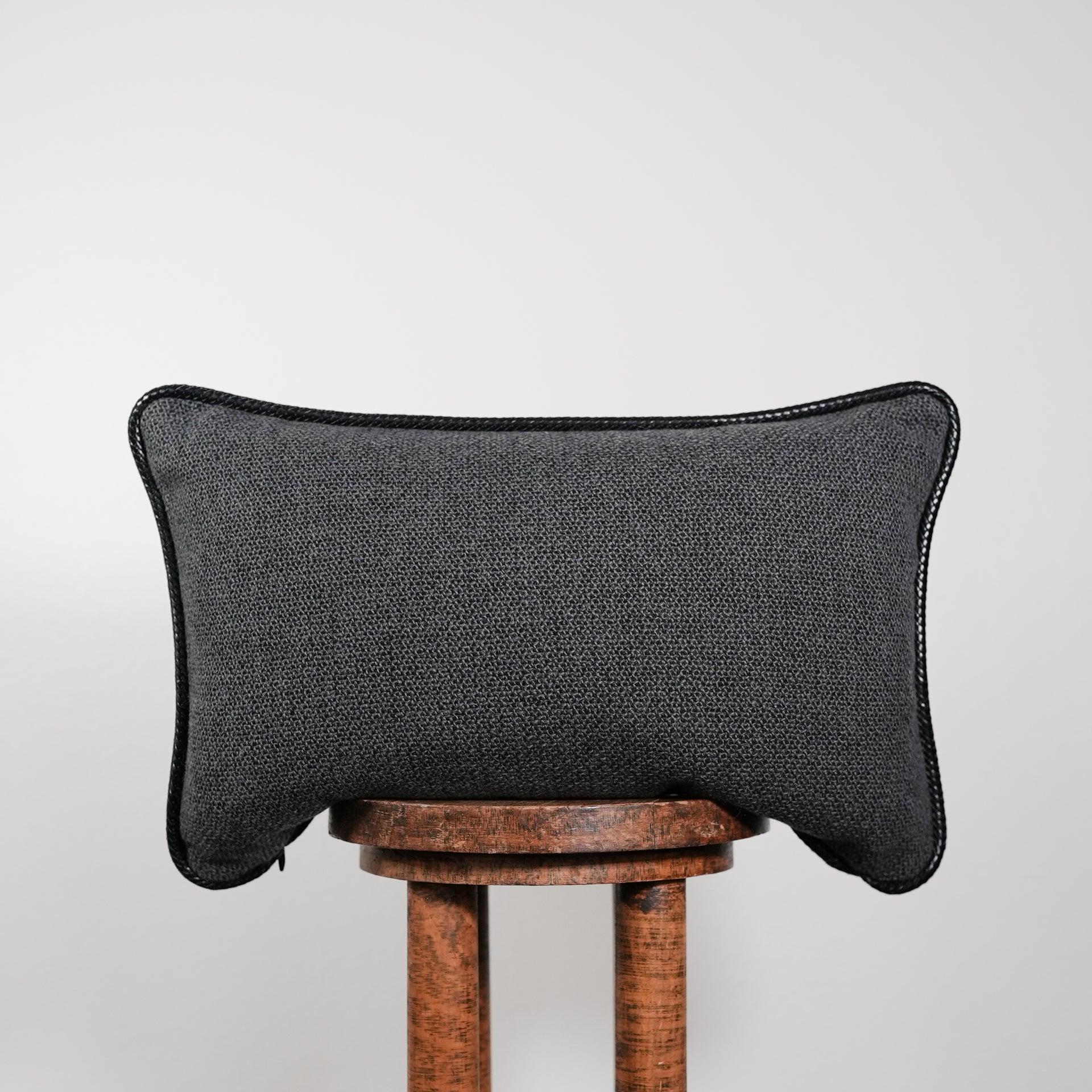 Black & Grey Woven Wool with Black Leather Welt Pillow 14x22