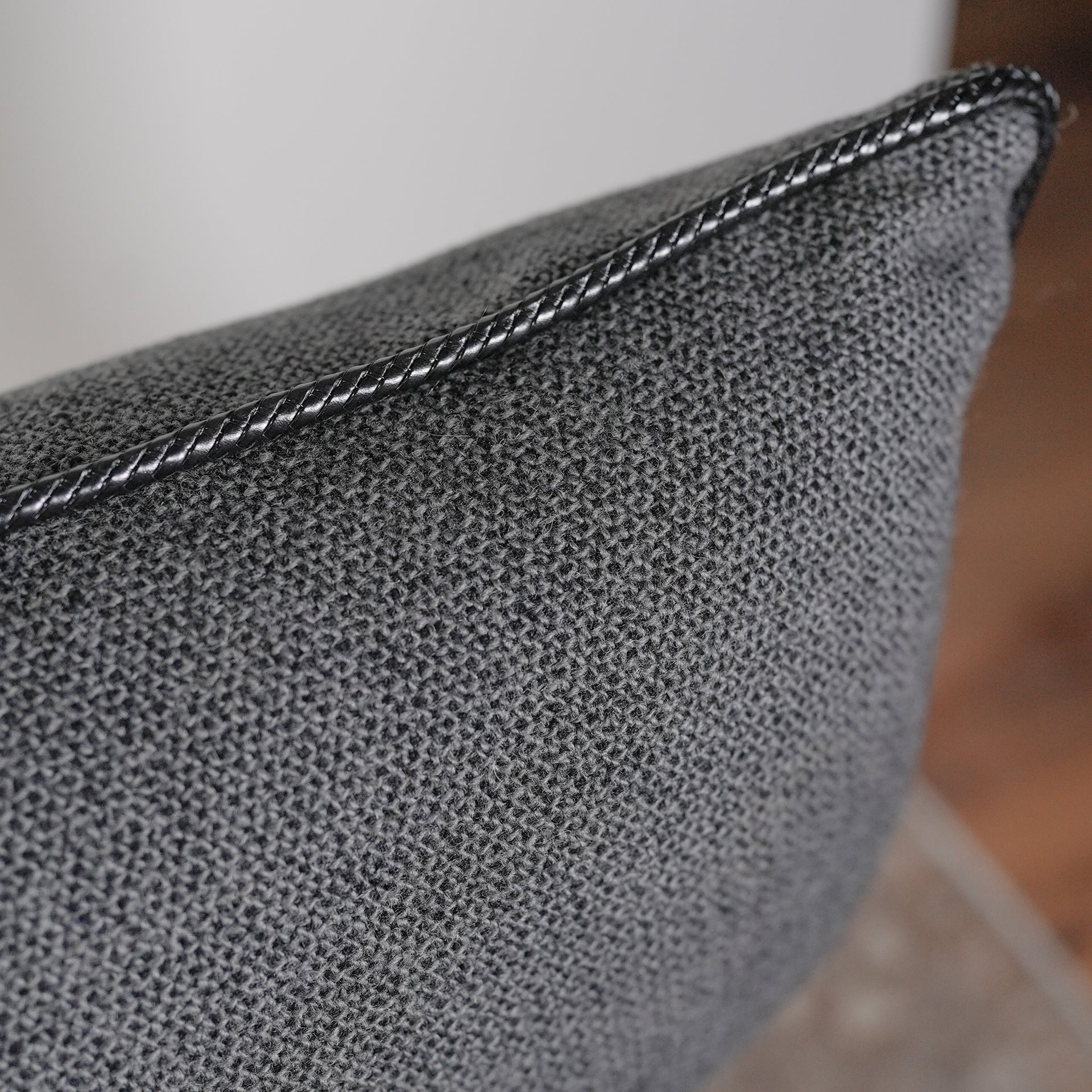 Black & Grey Woven Wool with Black Leather Welt Pillow 14x22