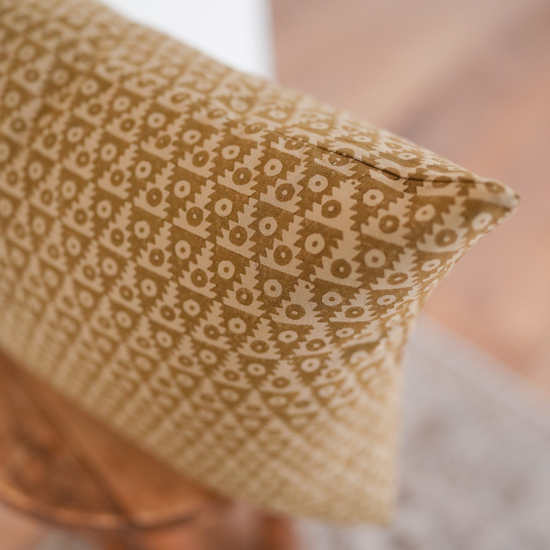 Olive Green Triangle and Circle Motifs Lumbar Pillow 14x20