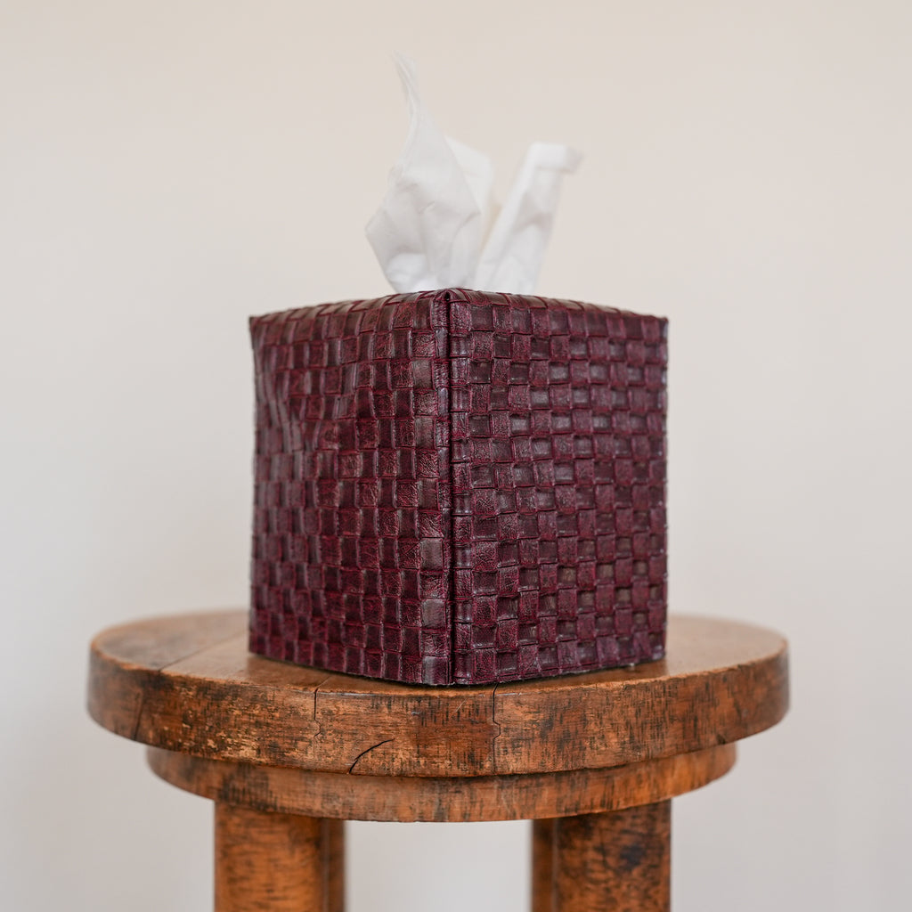 Burgundy Basketweave Faux Leather Single Tissue Box Cover