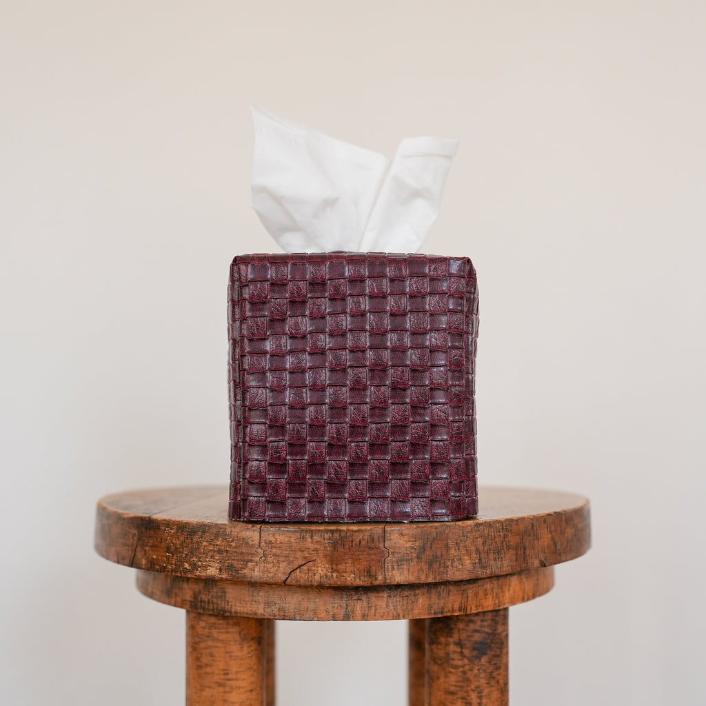 Burgundy Basketweave Faux Leather Single Tissue Box Cover
