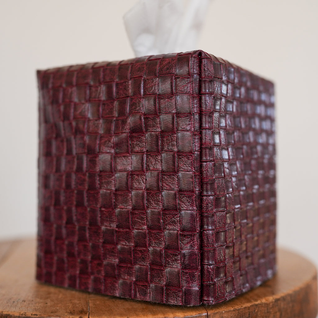 Burgundy Basketweave Faux Leather Single Tissue Box Cover
